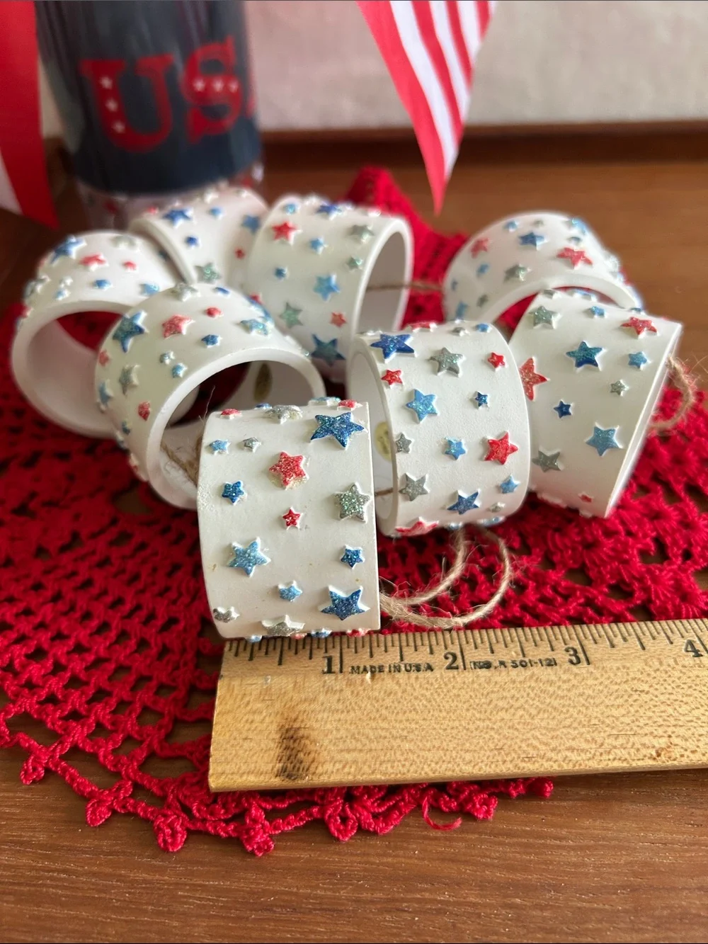 Patriotic Star Ribbon Napkin Rings - White with Red & Blue Stars Set of 8.
